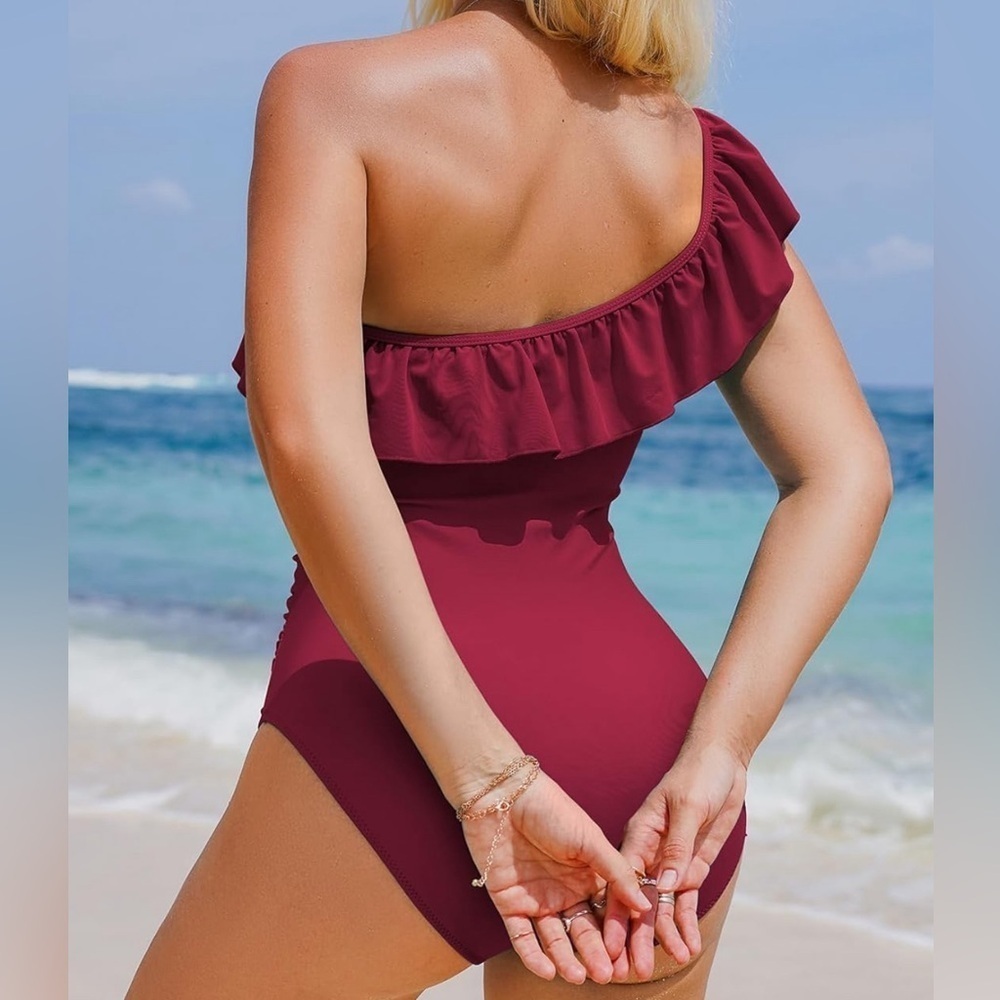 One Shoulder Ruffle One Piece Swimsuit - Picture 2 of 14